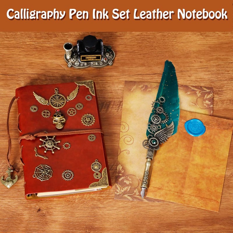 Aifeiter Quill Pen and Ink Set With Quill and 5 Replaceable Nibs,Seal Stamp,Spoon,Wax Beads,White Wax,Pen Holder, Cup,Envelope,Letter Paper,Envelope Tool(green) - Image 3